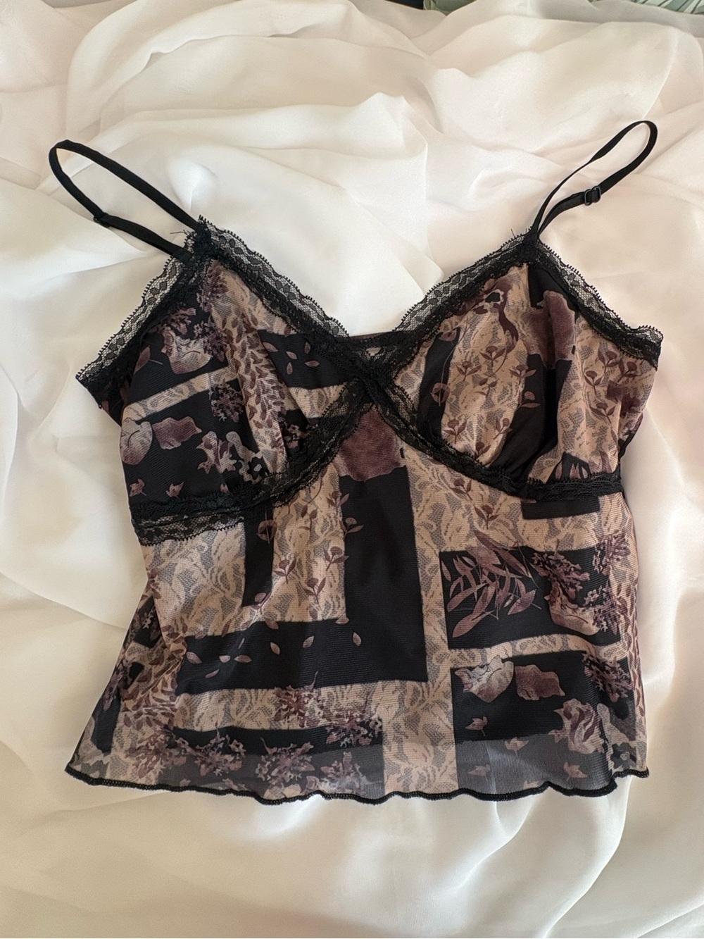Black and Mauve Patchwork Lace Crop Cami